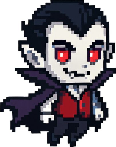 El vampiro debe ser un personaje pequeño y estilizado en estilo pixel art, con piel pálida o gris clara, ojos rojos o morados brillantes, colmillos visibles en una leve sonrisa y una capa negra o púrpura que se mueva ligeramente al caminar; debe llevar un traje elegante con chaleco rojo, camisa blanca y pantalones oscuros, y tener el clásico peinado de viuda con cabello negro bien marcado; su expresión puede ser confiada o misteriosa, y la animación puede incluir un leve flote o agitación de la capa; todo debe ser caricaturesco y simpático, sin parecer aterrador, con fondo transparente para integrarse en un juego casual o fantástico..
In-Game asset.  2d.  High contrast.  No shadows