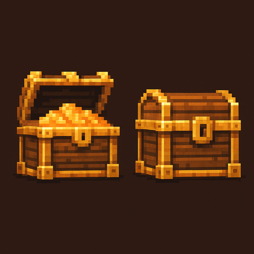 An old treasure chest with a lid open and lid closed version. From straight on view. Retro pixelated art..
In-Game asset.  2d.  High contrast.  No shadows