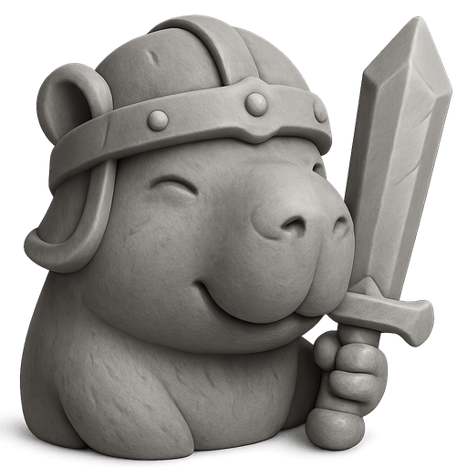 Recrealo en una escultura. Utiliza un estilo cartoon. Usas colores grises. Recuerda que es un capibara usas sus rasgos y formas. Damelo sin fondo