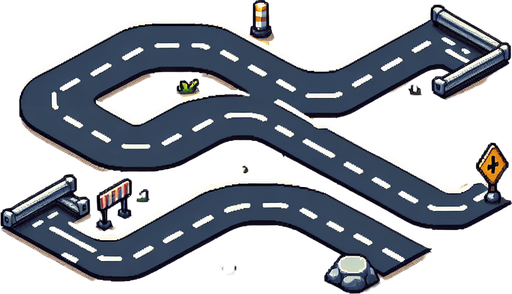 A road going left turn right turn speed pump & obstacle.
Single Game Texture.  In-Game asset.  Blank background.  High contrast.  No shadows