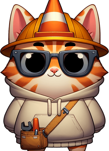 The character in the image is a cartoon-style, orange tabby cat with distinctive stripes. It sports a round face behind oversized, round circular, dark opaque sunglasses and has a notably small body compared to its head, enhancing its cute, chubby look. This cat is uniquely attired in a simple, light-colored hoodie with a drawstring, and atop its head sits a whimsical traffic cone, repurposed as a hat. Around its waist, a toolbelt is visible, equipped with various cartoon tools, suggesting a readiness for any construction task. Positioned with its paws in front, the cat maintains a relaxed posture, exuding a playful and whimsical vibe. This setup presents the cat not just as a casual mascot or a character in a children's book but as a creative introduction to the world of construction and imaginative play..
Single Game Texture. In-Game asset. 2d. Blank background. High contrast. No shadows.