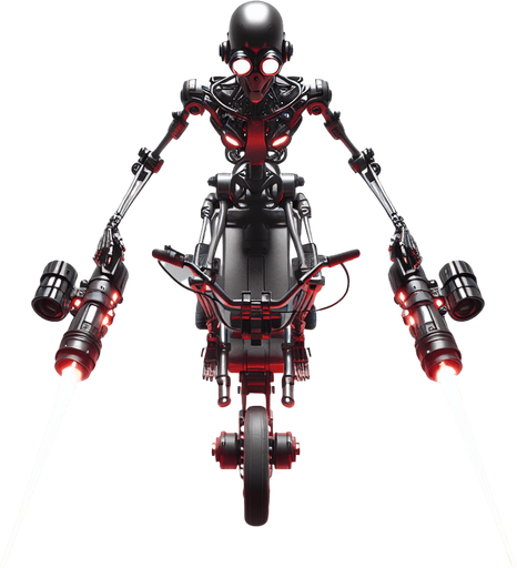 A thin robot with goggles riding a hover-bike. Twin blaster guns mounted on front. Top down view. Birds Eye view. Cyberpunk with red glowing highlights...
Single Game Texture. In-Game asset. 2d. Blank background. High contrast. No shadows.