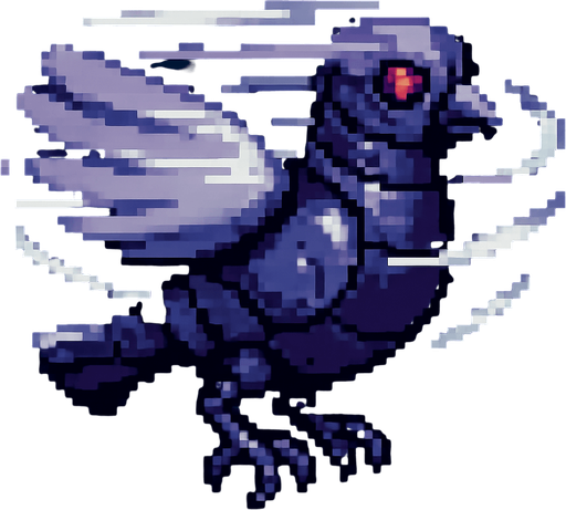 Pixel art of a dark purple robotic pigeon spinning in midair, wings blurred in motion. Enemy type in a 2D arcade game, side view.
In-Game asset.  2d.  High contrast.  No shadows