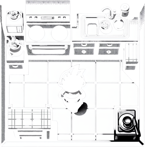 top-down view, videogame kitchen mickey mouse 
character, 90s style sticker, flat, no perspective, silhouette,  black and white, cartoon, fun, simple,.
Single Game Texture. In-Game asset. 2d. Blank background. High contrast. No shadows.