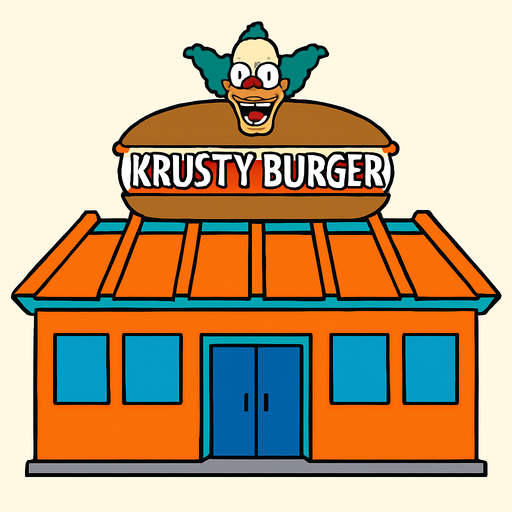 Krusty Burger.
In-Game asset.  2d.  High contrast.  No shadows