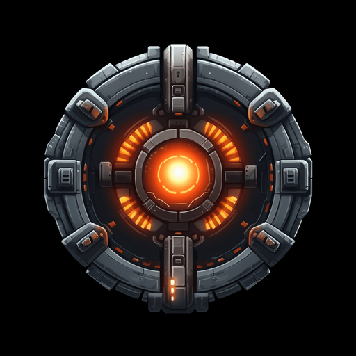 Dark circular power up indicating double cannons.
Game Texture. In-Game asset. 2d. Pixelart. White background. Blank background. Low detail. High contrast.