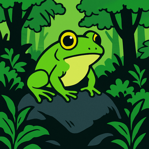 gambar 2d anime kodok hijau di atas batu hitam dalam hutan.
In-Game asset.  2d.  High contrast.  No shadows