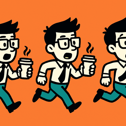 Intern holding a coffee cup running 3 frames.
In-Game asset.  2d.  High contrast.  No shadows