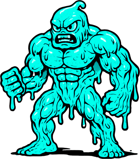 İnsan boyunda elleri kolları ayakları olan sinirli kaslı damarlı egzotik cyan renginde slime yap.
In-Game asset.  2d.  High contrast.  No shadows