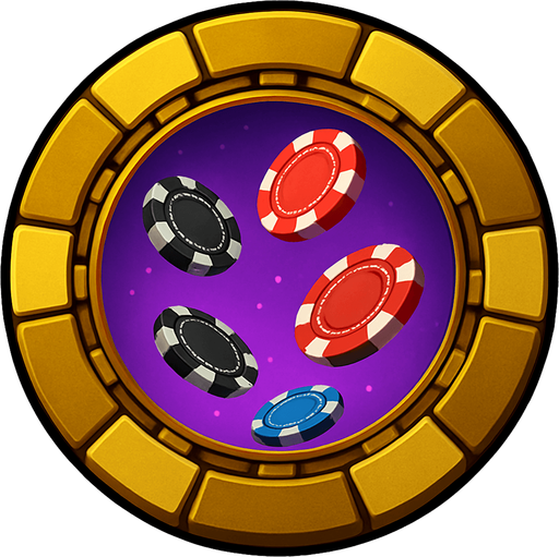 Change the image of the shield in the center to poker chips falling from the sky. Change the background color in the center to purple.