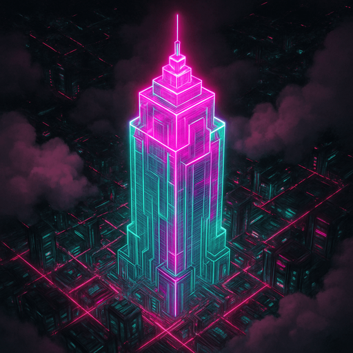 Massive futuristic neon hologram skyscraper top down isometric poking out of clouds from above elaborate cyberpunk architecture glowing pink green projection hologram 3d