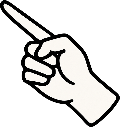 black outline. The back of a hand with a pointing finger pointing to the top-left. Black and white only. Blue background..
In-Game asset.  2d.  High contrast.  No shadows