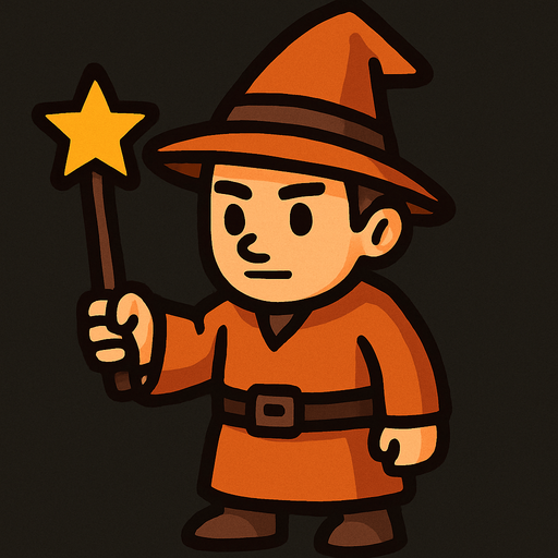 Mago con sombrero naranja y marrón sin barba con varita con estrella, de cuerpo entero.
In-Game asset.  2d.  High contrast.  No shadows