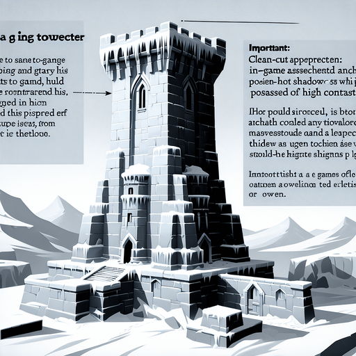 A turret tower built of ice blocks. Front view perspective. Single Game Texture. In-Game asset. 2d. Blank background. High contrast. No shadows.