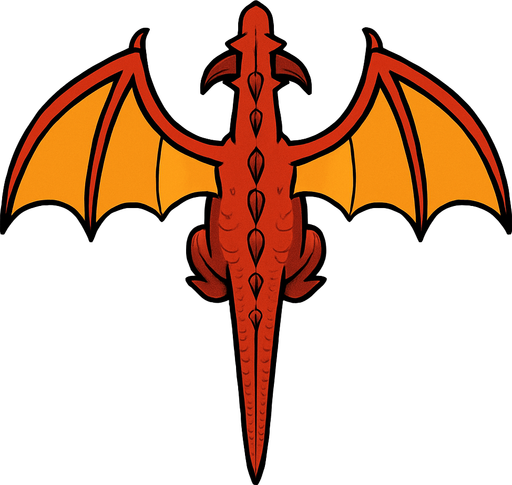 Üstten görünen 2D bir ejder sırt kısmı görünsün ve kuyruğu düz kanatları 75% açık olsun.
In-Game asset.  2d.  High contrast.  No shadows