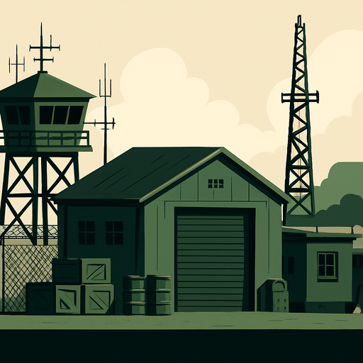 Askeri üs - gerçekçi, yazısız, yandan görünüm.
In-Game asset.  2d.  High contrast.  No shadows