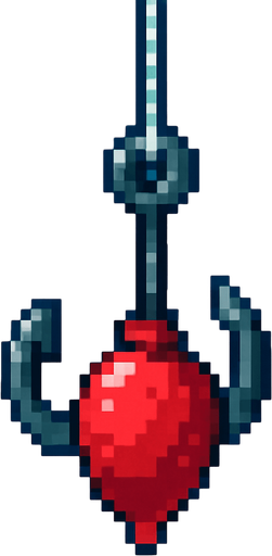 2D pixel art of a fishing hook with a red bait attached, hanging in water with bubbles, retro 16-bit style..
In-Game asset.  2d.  High contrast.  No shadows