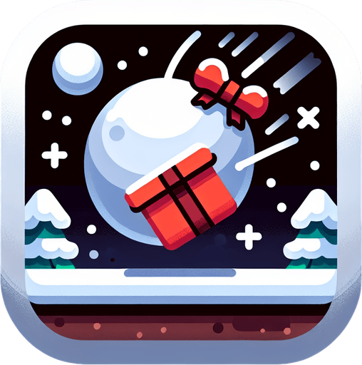 Icon for a snowball hitting a present in the sky, on a circle, with the text „Snowball Delivery“ at top, cartoon, christmas style Single Game Texture. In-Game asset. 2d. Blank background. High contrast. No shadows.