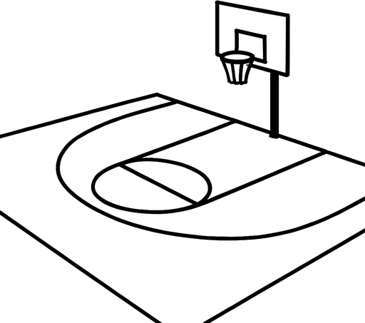 A minimalist black and white basketball court background. The court is shown from a side view or slightly isometric angle. It includes clear outlines for the hoop, backboard, half court line, and three-point arc, all in clean black lines on a white surface (or vice versa). The style is modern, simple, and flat — no players, just the environment..
In-Game asset.  2d.  High contrast.  No shadows