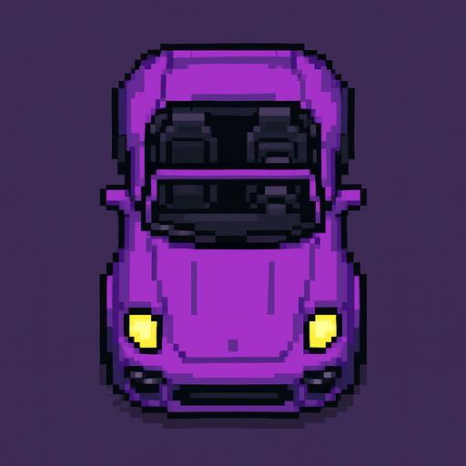 Draw 2d pixel Open top sports car top view purple..
In-Game asset.  2d.  High contrast.  No shadows