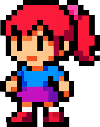 pikselli bir karakter ama kız.
In-Game asset.  2d.  High contrast.  No shadows
