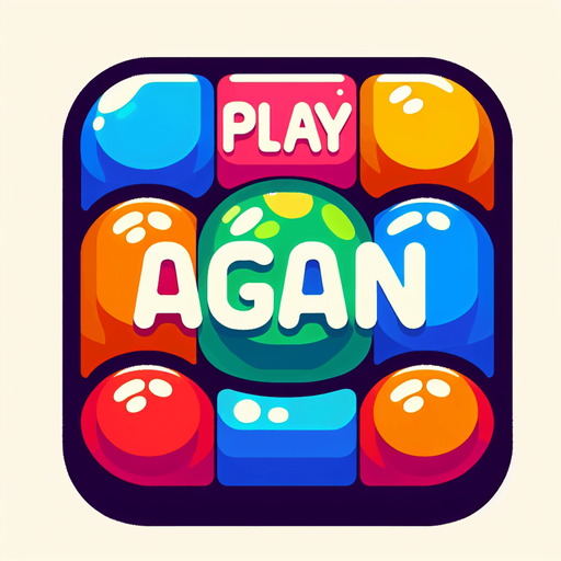 A colorful rectangular button with the text "Play Again" with each letter in a different color picked from a nice palette..
Single Game Texture. In-Game asset. 2d. Blank background. High contrast. No shadows.