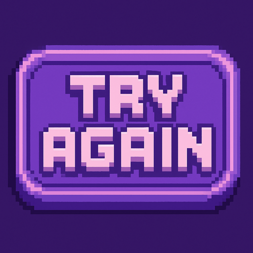 Pixel art “Try Again” button, retro arcade style, purple tones, soft shadows, chunky text, fits rhythm game UI..
In-Game asset.  2d.  High contrast.  No shadows
