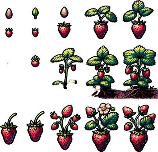 A spritesheet showing a strawberry plant in various stages of germantion, from seed over sapling and to full grown plant with ripe strawberries. The sprites should be laid out in a rectangular grid with blank space between them..
Single Game Texture. In-Game asset. 2d. Blank background. High contrast. No shadows.