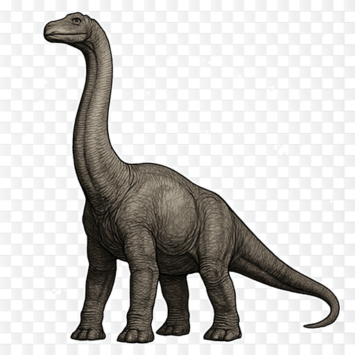 A realistic Brachiosaurus dinosaur standing tall on a transparent background. It has a long neck raised high, with a relatively small head featuring gentle eyes and a rounded snout. The body is massive and bulky, covered with textured grayish-brown scales showing subtle wrinkles and muscle definition. Its front legs are noticeably longer than the hind legs, giving it a distinctive sloping back. The tail is thick and extends straight behind. The skin texture is rough with detailed scales, emphasizing the dinosaur’s grandeur and calm nature..
In-Game asset.  2d.  High contrast.  No shadows