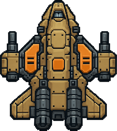 Бронированный летающий корабль звездолет пиксельный вид сверху 2д.
In-Game asset.  2d.  High contrast.  No shadows