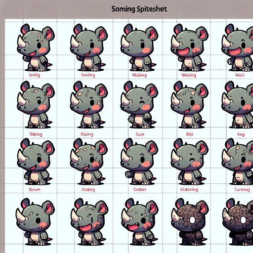 A spritesheet with a number of poses of an happy little rhino with a sun scorch, smiling, walking, waiting, standing, ordering, turning, etc. all seen from the side.The spritesheet should be laid out in a rectangular grid with clear space between each individual sprite. Each sprite in the sheet should be around 300x600 pixels in size..
Single Game Texture. In-Game asset. 2d. Blank background. High contrast. No shadows.