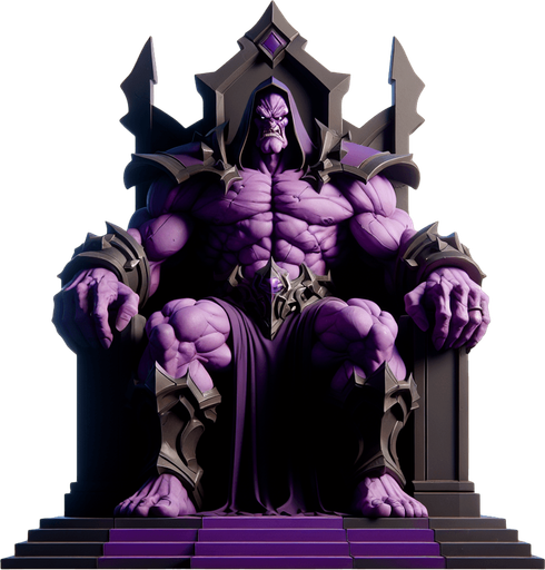 Giant muscular evil wizard with purple skin and a menacing scowl sitting in a black throne..
Single Game Texture. In-Game asset. 2d. Blank background. High contrast. No shadows.