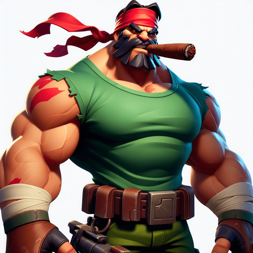 Badass marine with a green muscle T-shirt and a red bandana and a big cigar hanging from his mouth.
Single Game Texture. In-Game asset. 2d. Blank background. High contrast. No shadows.
