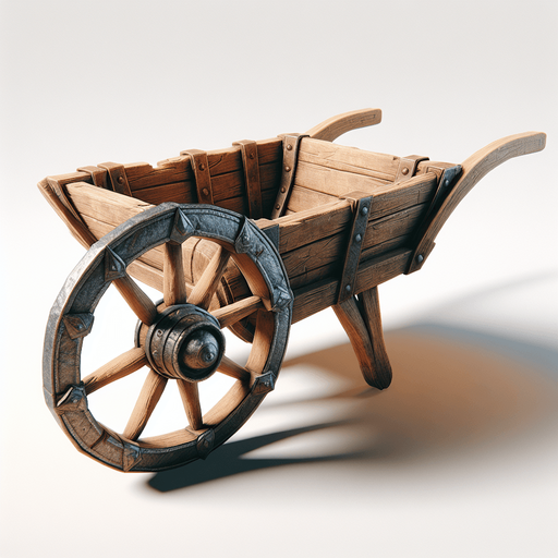 Una rueda de carretilla medieval.
Single Game Texture.  In-Game asset.  2d.  Blank background.  High contrast.  No shadows