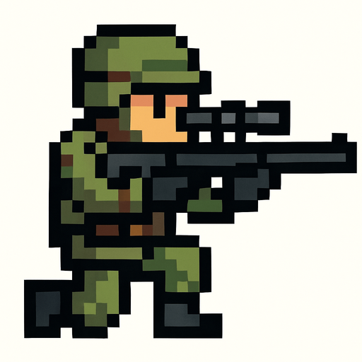 Sniper man pixel style.
In-Game asset.  2d.  High contrast.  No shadows