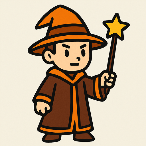Mago con sombrero naranja y marrón sin barba con varita con estrella, de cuerpo entero.
In-Game asset.  2d.  High contrast.  No shadows