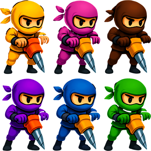 Same images of ninjas characters with digg machine but showing both legs. HD color