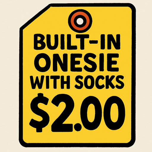 Price tag that says built-in onesie with socks $2.00.
In-Game asset.  2d.  High contrast.  No shadows