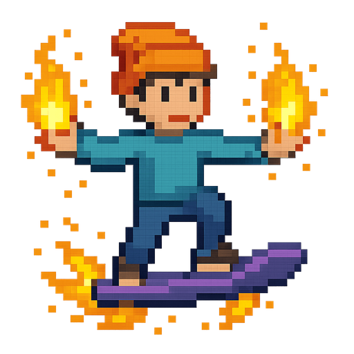 un niño con poderes de fuego y luz montado en una patineta boladora la imagen tiene que ser de pixeles
. No background. Transparent background. Blank background. No shadows. 2d. In-Game asset. flat