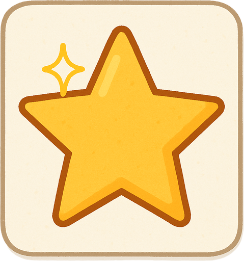 Lucky star in a white paper-card with rounded corners, front view..
In-Game asset.  2d.  No shadows