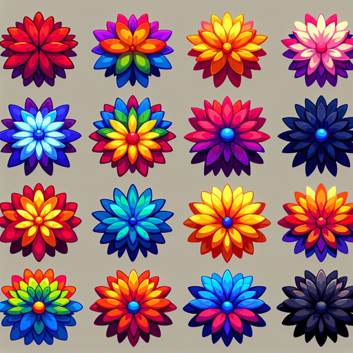 A sprite sheet of flowers seen from above. Cartoon. All similar size. Each blossom has multi colored rainbow petals. only the blossom. Bold colors and shading. 
Single Game Texture. In-Game asset. 2d. Blank background. High contrast. No shadows.