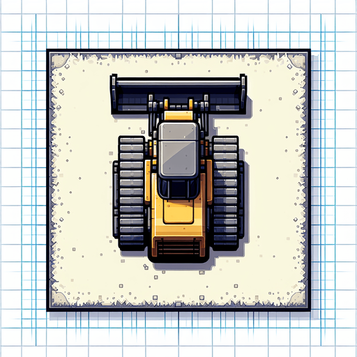 A bulldozer seen from stricly from the top..
Single Game Texture. In-Game asset. 2d. Blank background. High contrast. No shadows.