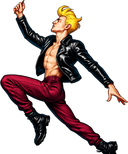 Swishy graceful man opposite arm and leg in front Cyberpunk manga, side profile view jumping pushing off the ground one leg extended one knee raised arm extended overhead Superman flying but fashion pose looking skyward torpedo magic launching leap jump, shiny black leather biker jacket longsleeves shirtless Skinny abs blonde pompadour guy, wine red joggers combat boots, Background removed, "Full-body character, entirely in frame, no cropping of face, head, or feet" "Complete character visible, from head to toe, fully centered in the image" "Entire character, including face and boots, fully within the frame" Character fully contained within a square frame, no edges cut off fashion model idle action pose