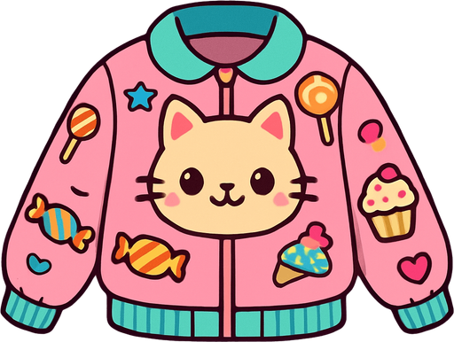 cute candy cat design jacket top view..
In-Game asset.  2d.  High contrast.  No shadows