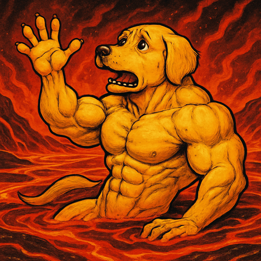 Super buff Golden dog with a hand up laying falling in lava holding his hand out for help. full body. Facing right.
2d.