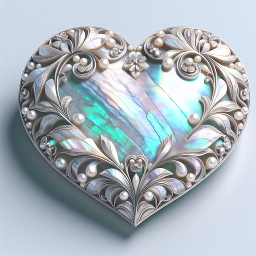 Large precious heart in mother-of-pearl, lightly ornate.
Front view.