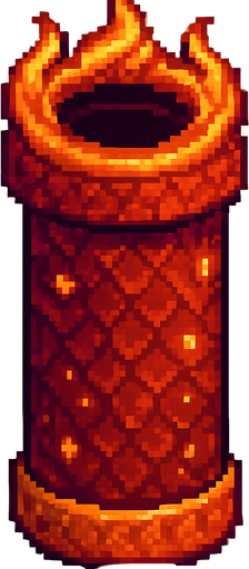 A single vertical top pipe for a 2D pixel art side-scrolling game with classic Flappy Bird hitbox. The pipe is designed with a dragon theme using red, orange, and gold tones. The pipe surface features subtle dragon scale textures and glowing ember details. Around the opening at the top, there is a stylized flame motif to give a mystical fantasy feel. The pipe is viewed from the side with a clear silhouette suitable for gameplay. The style is cute, retro, and fits a pixel art fantasy game..
In-Game asset.  2d.  High contrast.  No shadows. pixel art. side view. retro. fantasy. dragon theme. red. orange. gold. cute. mystical