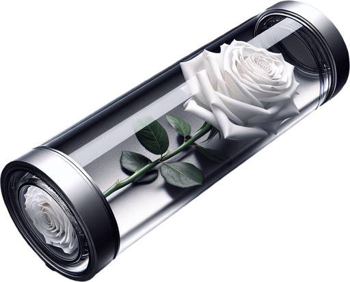 elegant white rose in a long transparent futuristic glass tube.