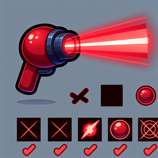 red cartoon laser.
Single Game Texture. In-Game asset. 2d. Blank background. High contrast. No shadows.