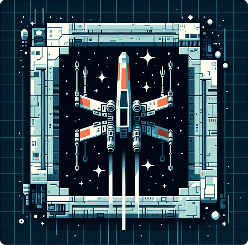 Single Game Texture. In-Game asset. 2d. An X-Wing-like spaceship moving up and down from above.
Single Game Texture. In-Game asset. 2d. Blank background. High contrast. No shadows.